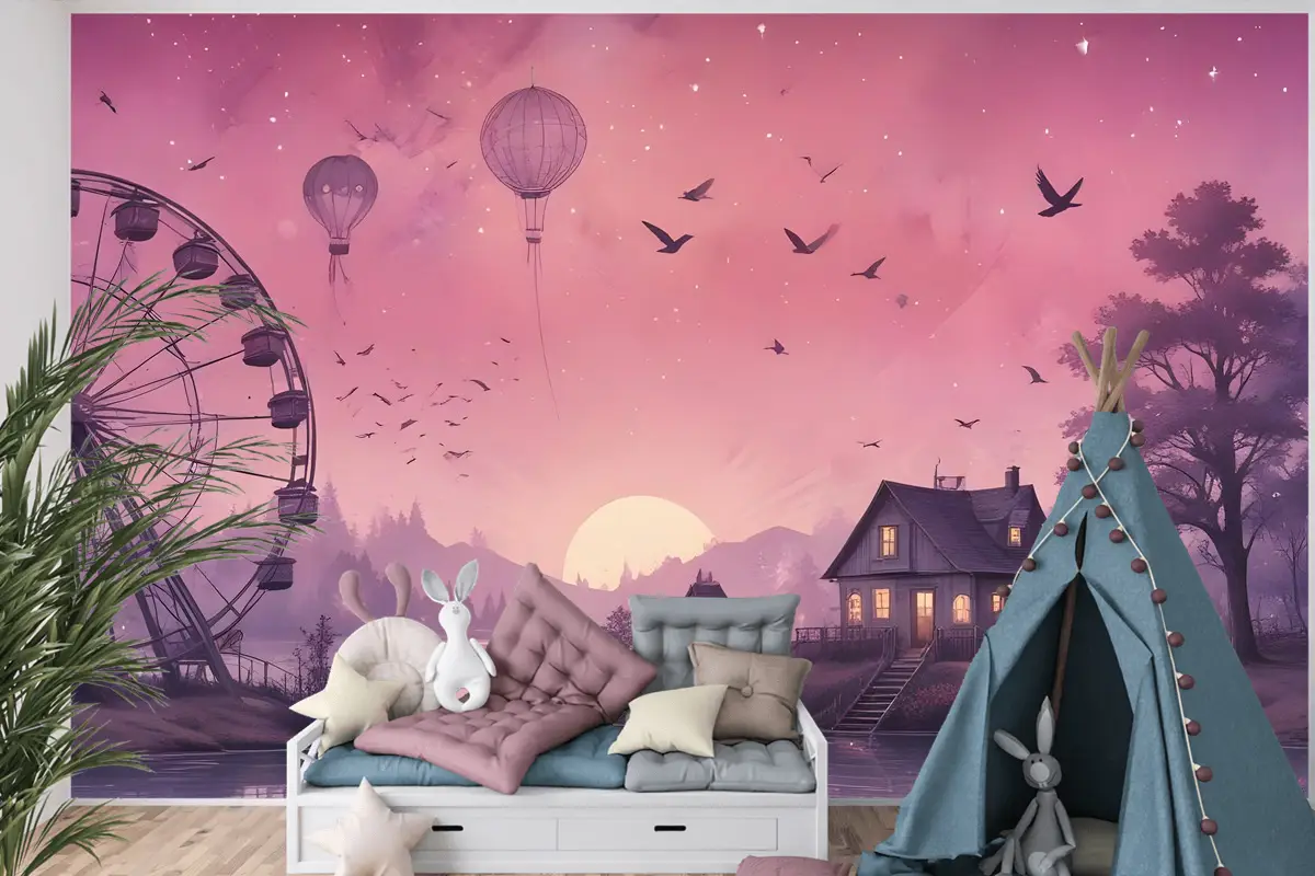 Dönme Dolap Ile Deniz Manzarası Çocuk Odası Duvar Kağıdı