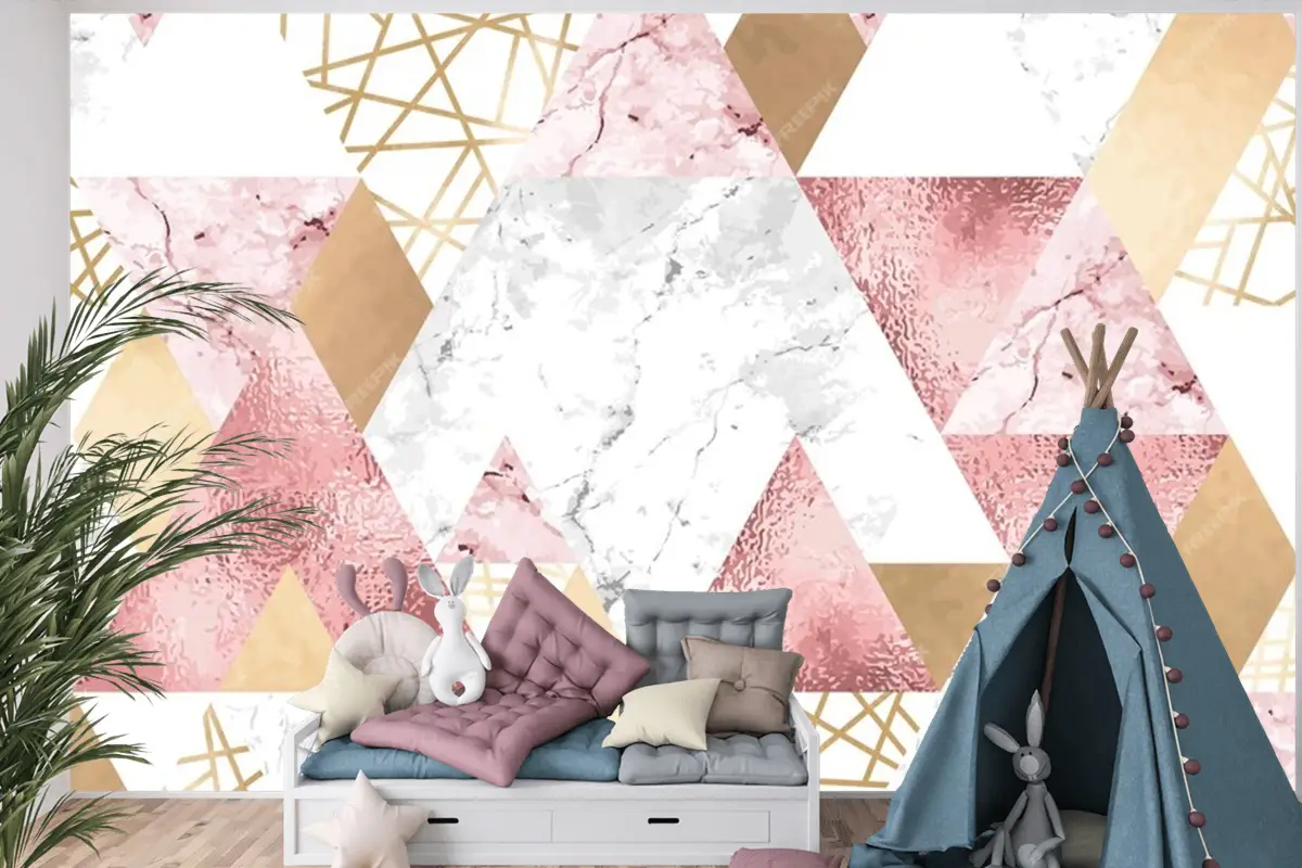 Metalik Çizgilerle Kesintisiz Geometrik Desen Gül Altın Gri Ve Pembe Mermer Üçgenler Çocuk Odası Duvar Kağıdı