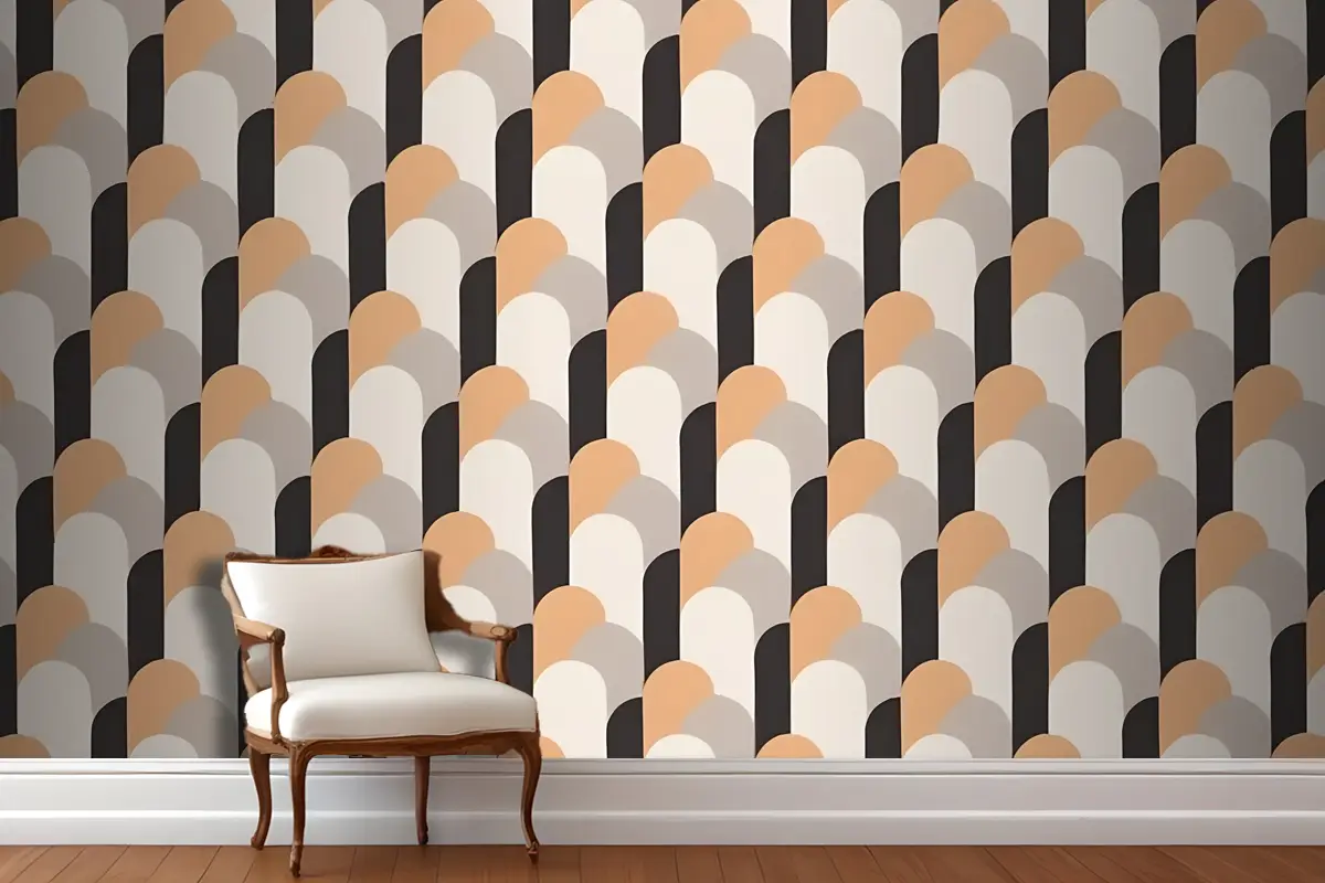 Turuncu Gri Ve Siyah Tonlarında Örtüşen Yarım Daire Şekilli Kesintisiz Geometrik Desen Antre  Hol  Koridor Duvar Kağıdı
