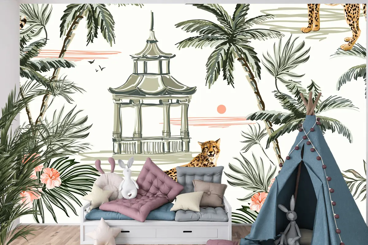 Hindistan Cevizi Palmiye Ağaçları Leopar Çocuk Odası Duvar Kağıdı Ile Dikişsiz Desen Arka Plan