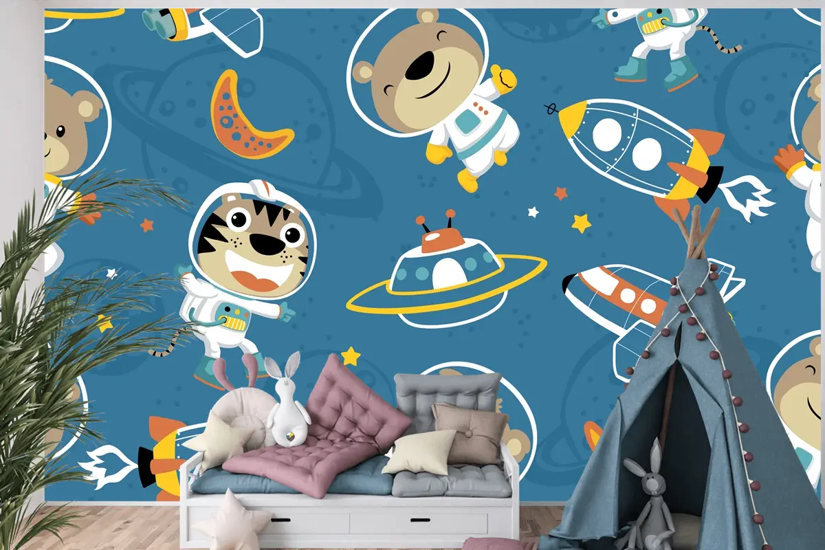 Uzay Taşımacılığındaki Komik Astronotun Kusursuz Deseni Çocuk Odası Duvar Kağıdı