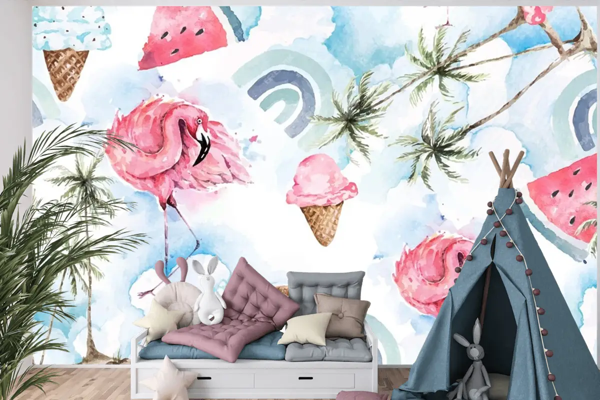 Dikişsiz Desen Palmiye Ağacı Ve Flamingo Çocuk Odası Duvar Kağıdı