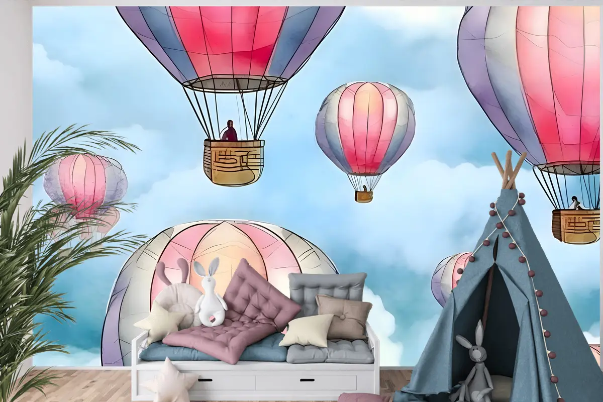 Gökyüzünde Renkli Sıcak Hava Balonları Ile Kusursuz Desen Çocuk Odası Duvar Kağıdı