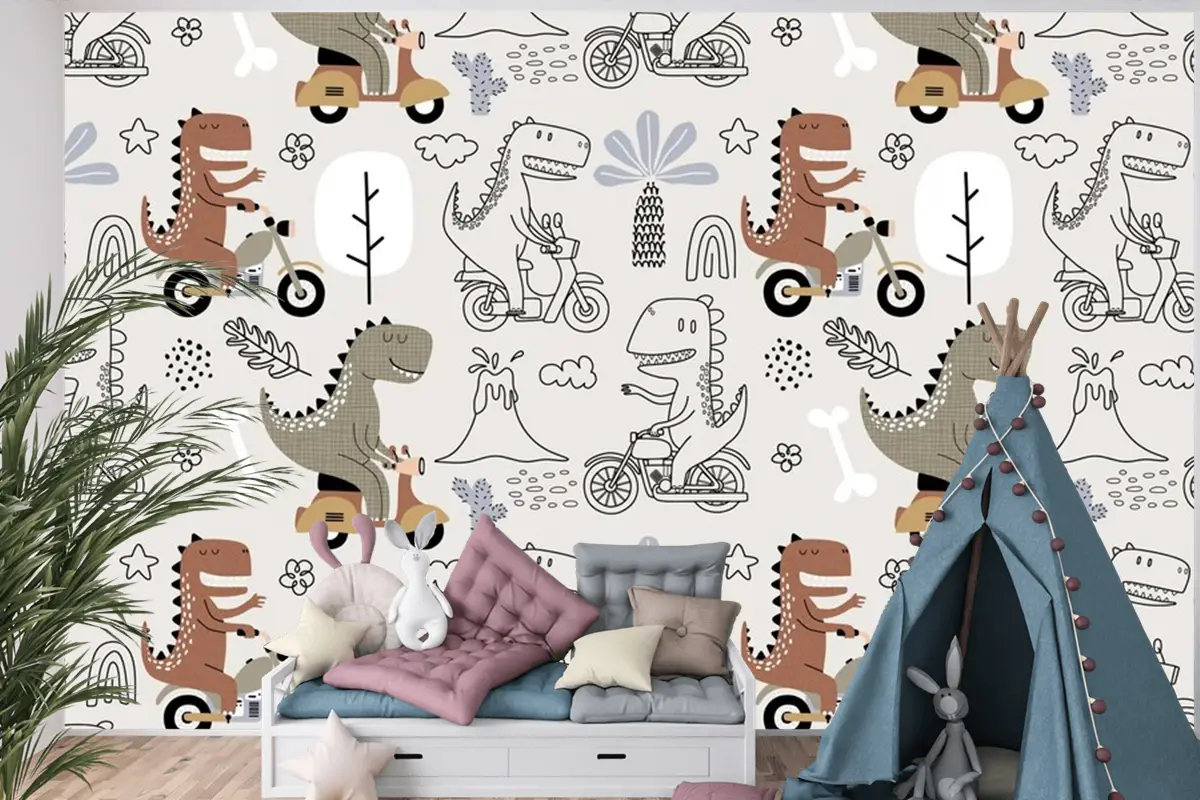 Sevimli Dinozorun Motosiklete Bindiği Kusursuz Desen Çocuk Odası Duvar Kağıdı
