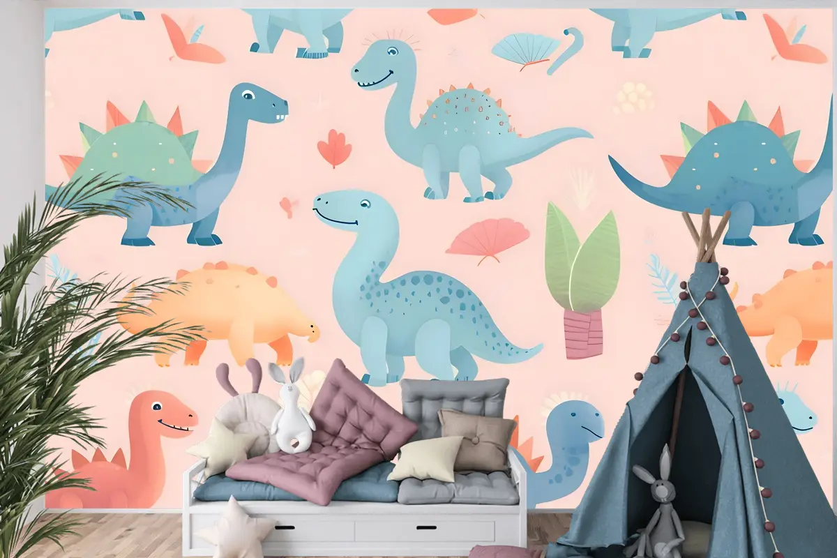 Sevimli Dinozorlar Ile Seamless Modeli Sevimli Dinozorlar Çocuk Odası Duvar Kağıdı