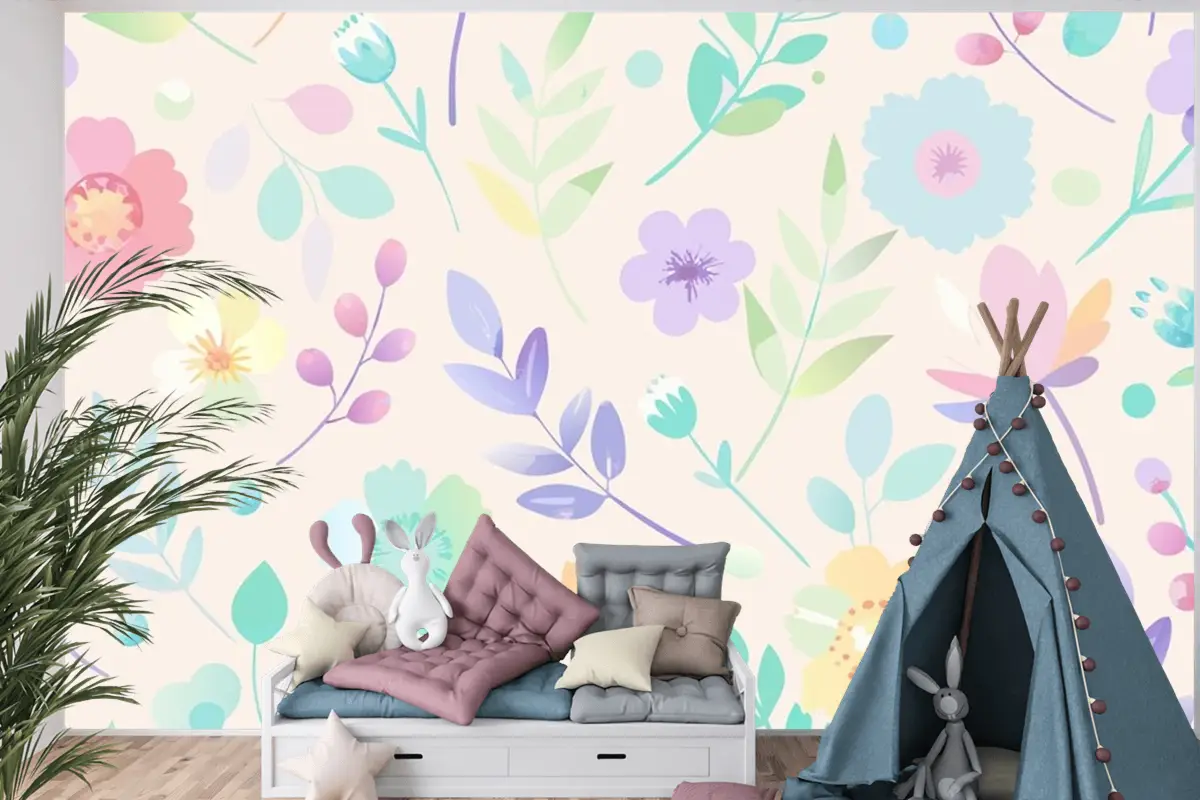 Pastel Renklerde Çiçekler Ve Yapraklarla Kusursuz Desen Çocuk Odası Duvar Kağıdı