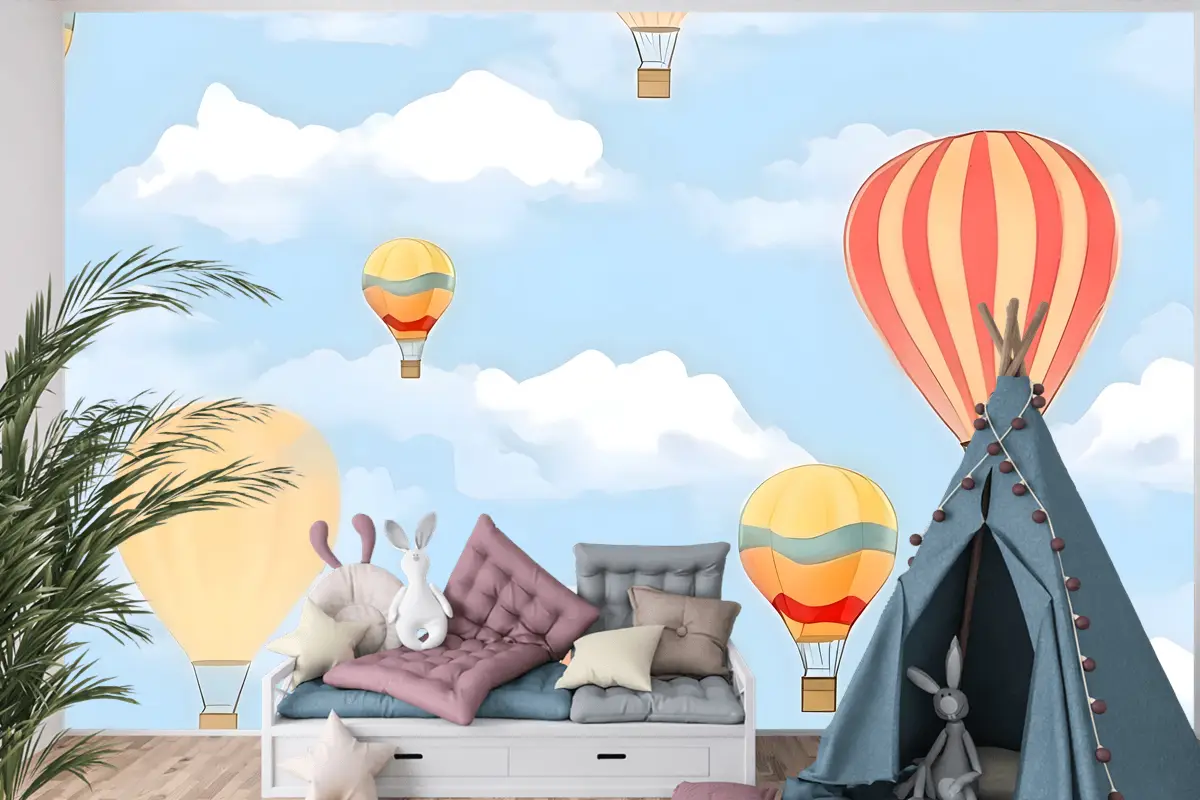 Gökyüzünde Sıcak Hava Balonları Ile Dikişsiz Desen Çocuk Odası Duvar Kağıdı