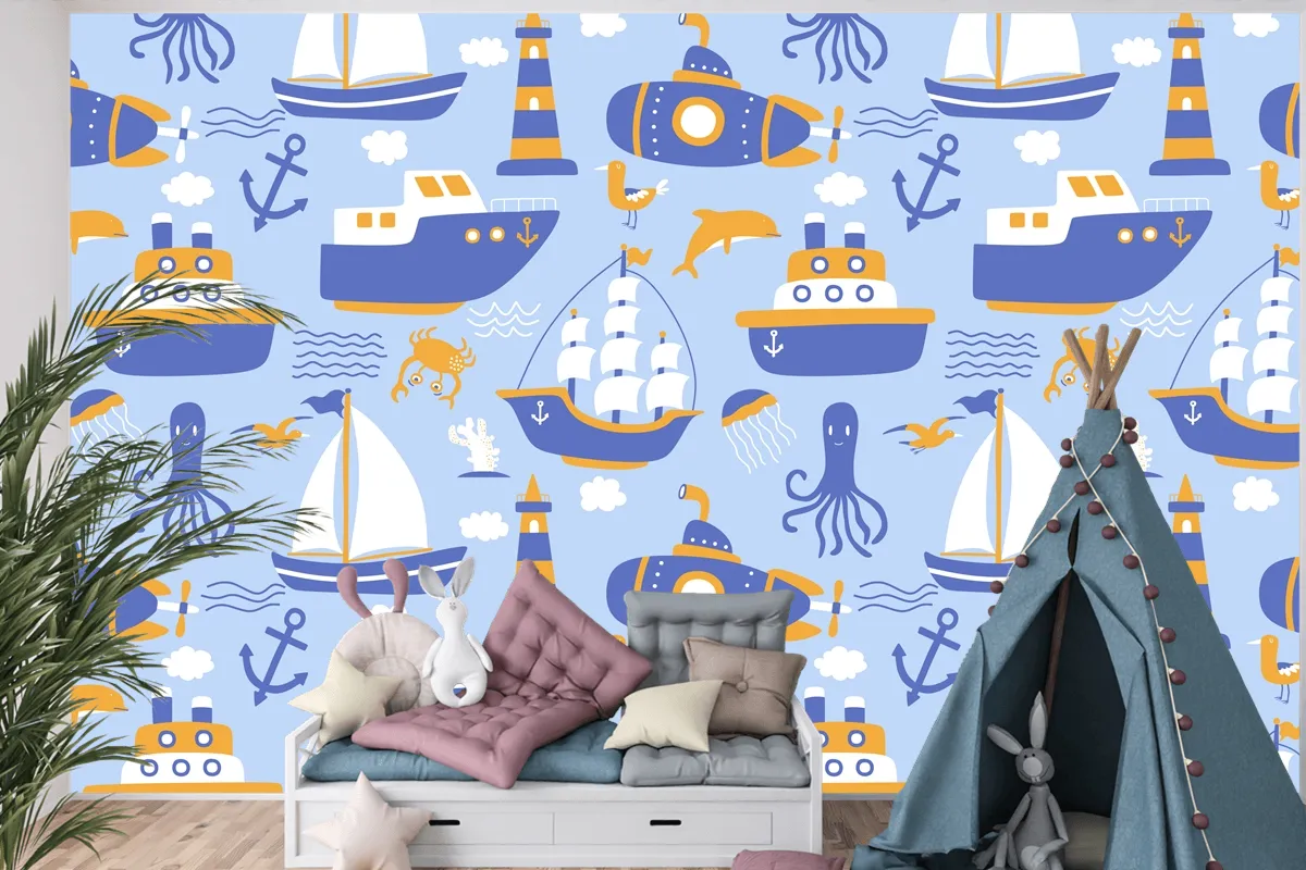 Gemiler Ile Seamless Modeli Çocuk Odası Duvar Kağıdı