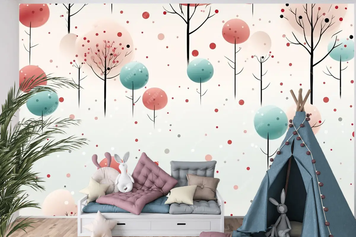 Ladin Ve Noel Ağaçları, Ay Yıldızları Ve Tilki Ile Kusursuz Desen Stilize Edilmiş Ve Grafik Çocuk Odası Duvar Kağıdı