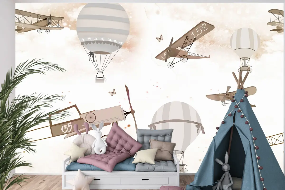 Sepya Uçaklar ve Sıcak Hava Balonları Temalı Çocuk Odası Duvar Kağıdı