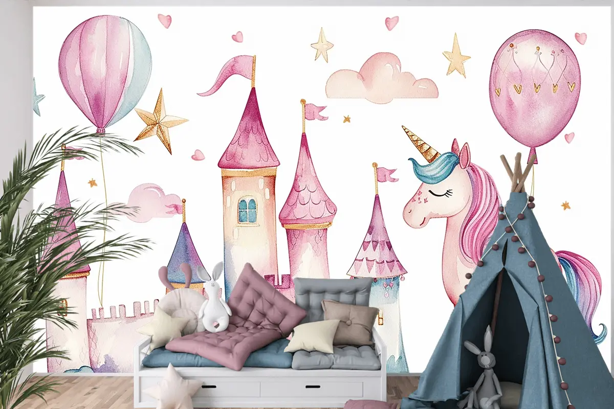 Çocuklar İçin Sevimli Suluboya Krallık Tek Boynuzlu At Ve Kale Seti Doğum Günü Partisi Çocuk Odası Duvar Kağıdı