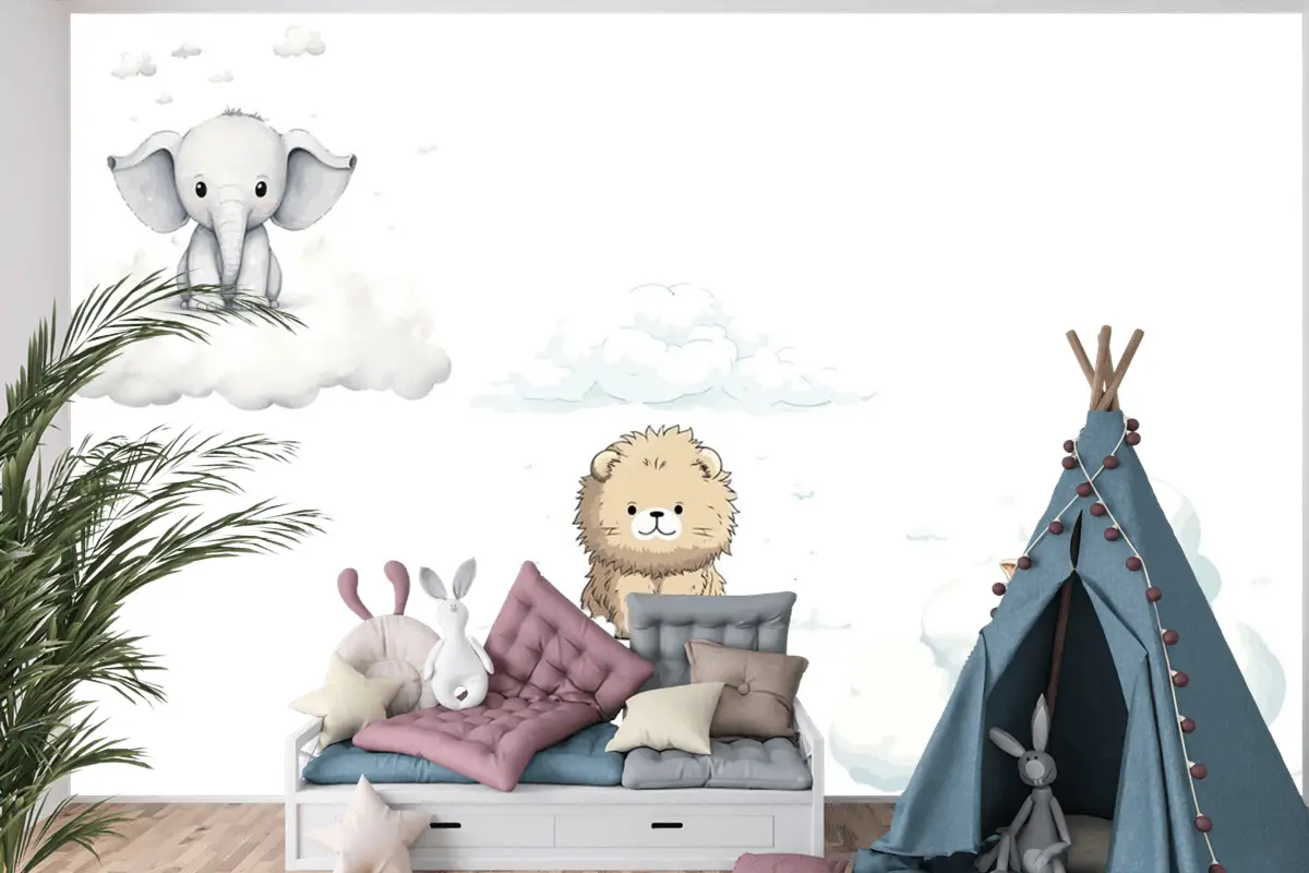 Sute Bebek Komik Hayvanlar Fil Zürafa Aslan Çocuk Odası Duvar Kağıdı Seti