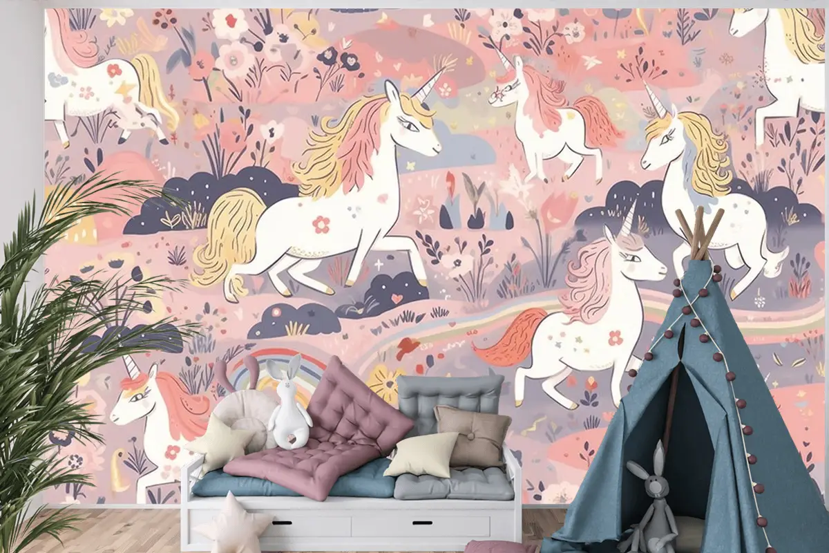Sevimli Boynuzlu Atlar Çocuk Odası Duvar Kağıdı