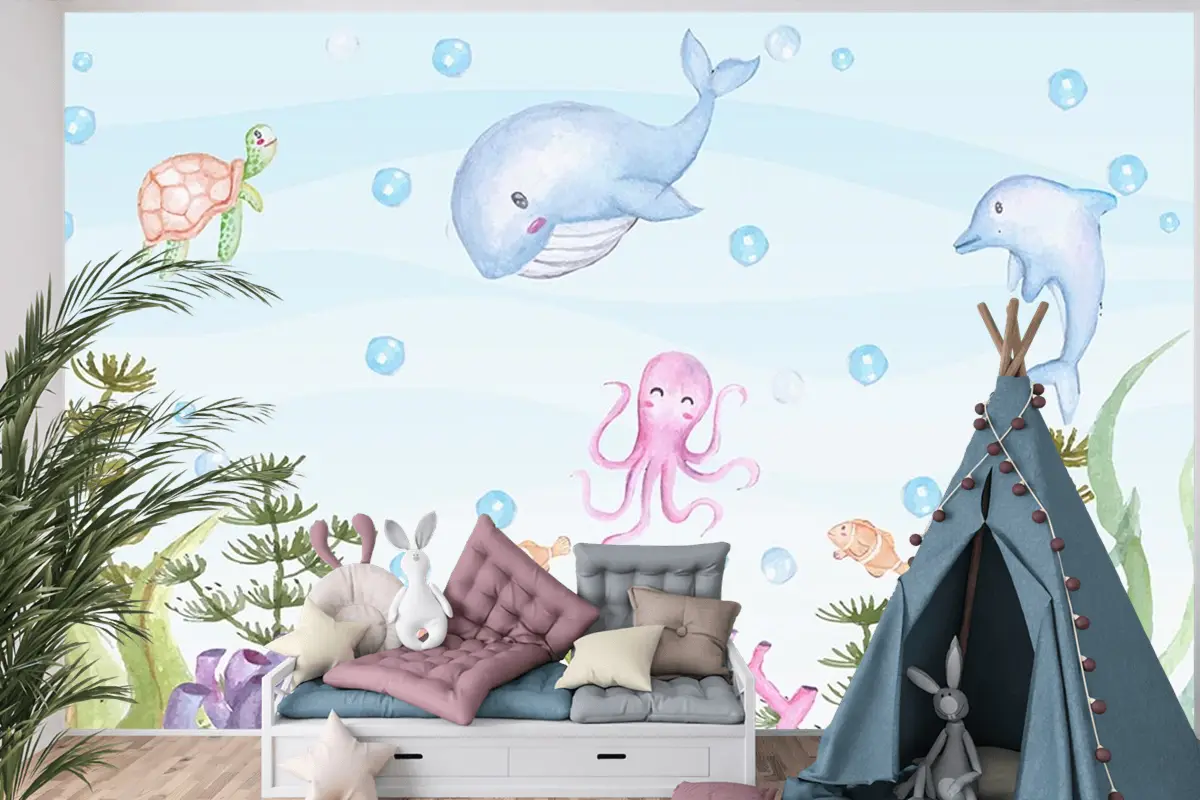 Sevimli Deniz Canlıları Balıklar Çocuk Odası Duvar Kağıdı