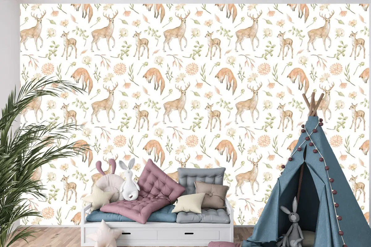 Sevimli Geyikler Ve Yapraklar Çocuk Odası Duvar Kağıdı
