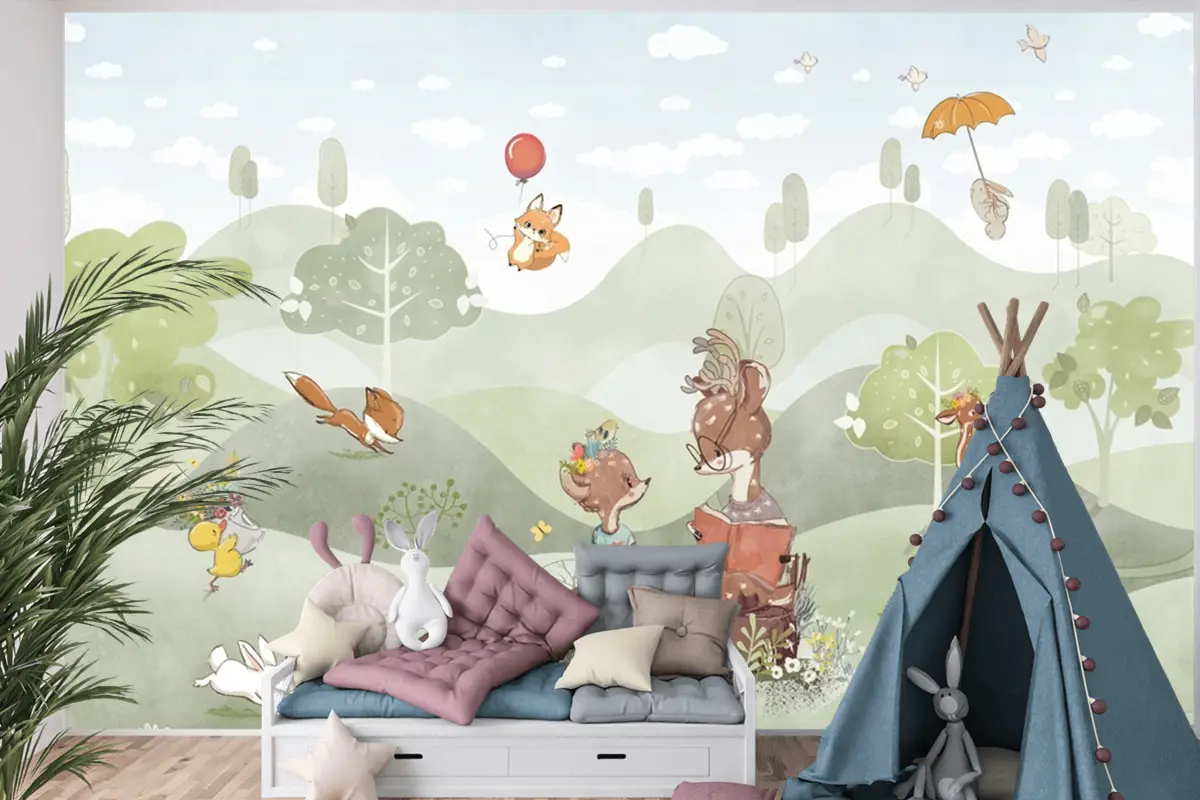 Sevimli Hayvanlar Orman Çizim Geyik Tilki Tavşan Yaz Manzarası Bebek Odası Duvar Kağıdı