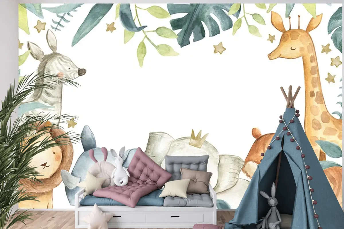 Sevimli Hayvanlar Tropikal Yapraklar Çocuk Odası Duvar Kağıdı