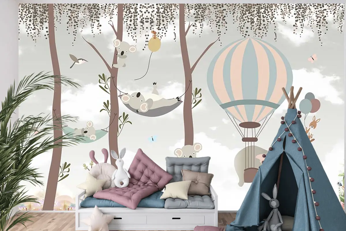 Sevimli Koalalar Ve Uçan Balonlar Çocuk Odası Duvar Kağıdı