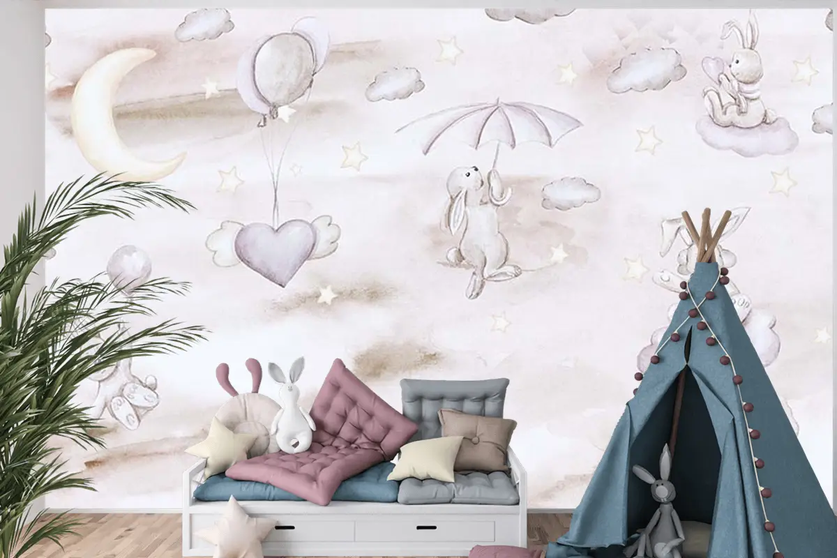 Sevimli Tavşanlar Bulutların Üzerinde Çocuk Odası Duvar Kağıdı