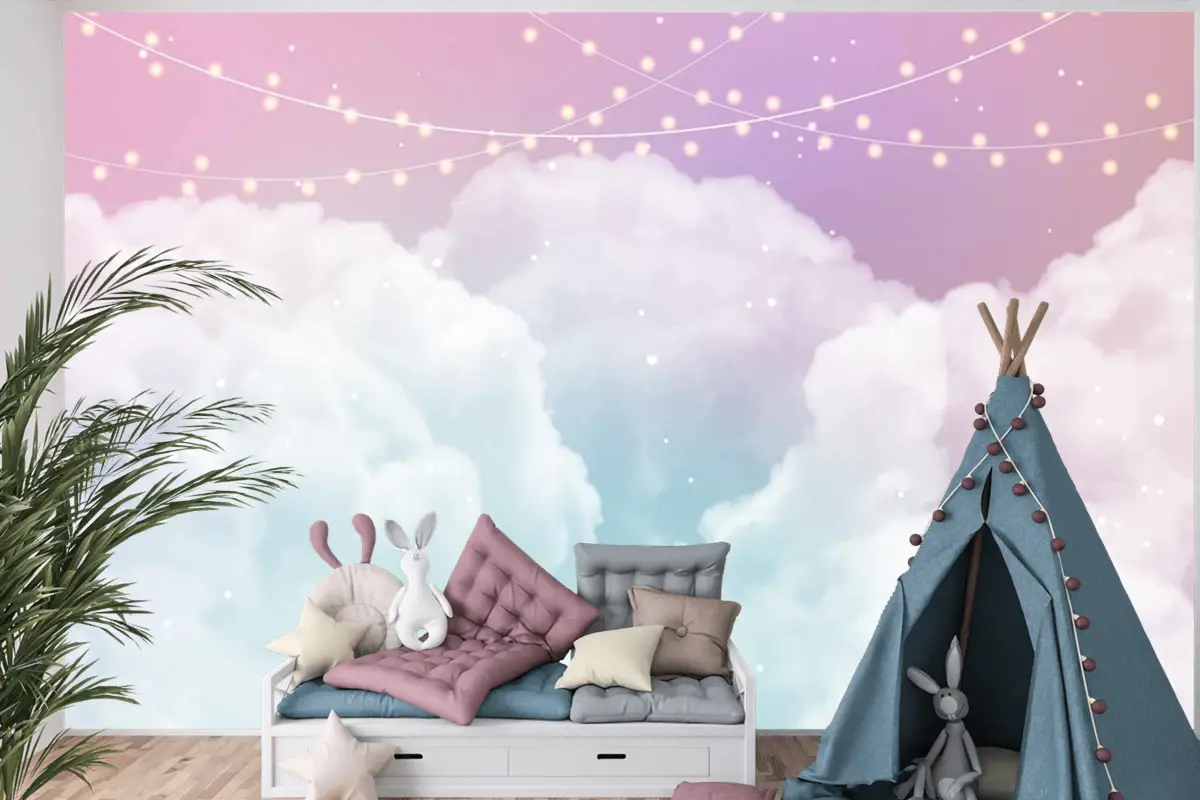 Şeker Pamuk Şeker Bulutlar Ve Yıldız Tasarım Çocuk Odası Duvar Kağıdı  Ile Gökyüzü Arka Plan