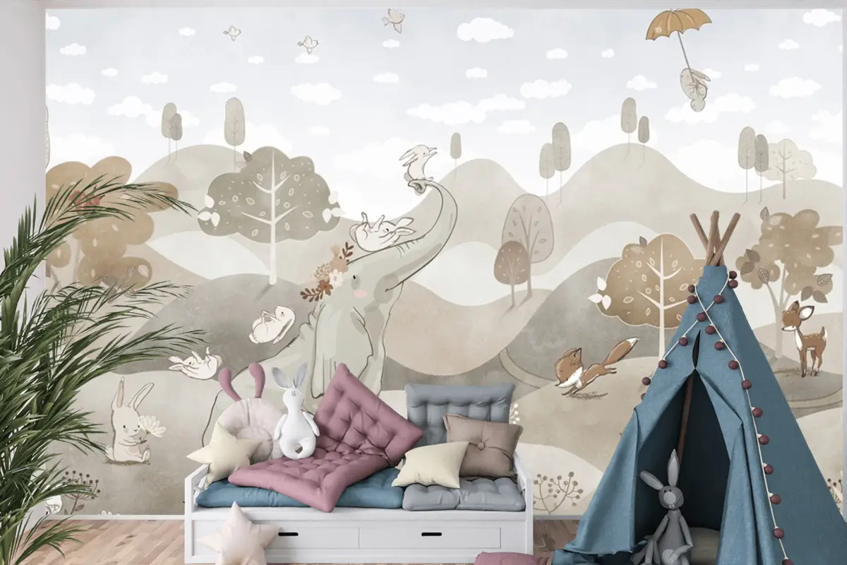 Soluk Renkler Fil Tavşan Suluboya Çocuk Duvar Kağıdı