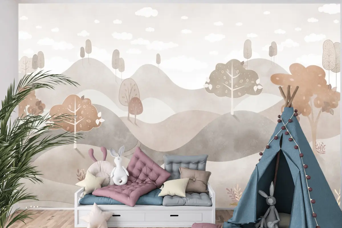 Sonbahar Tepeleri Monokrom Manzara Çocuk Odası Duvar Kağıdı