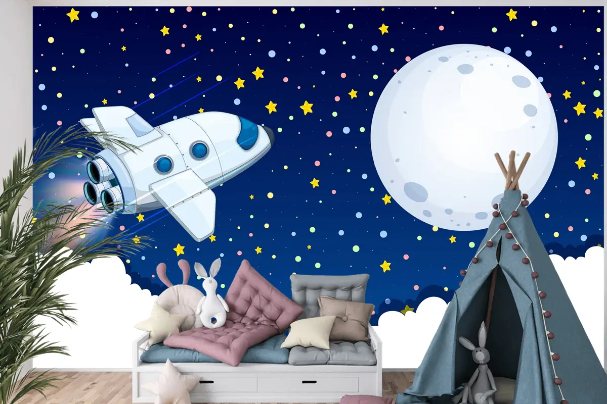 Aya Uçan Uzay Gemisi Çocuk Odası Duvar Kağıdı