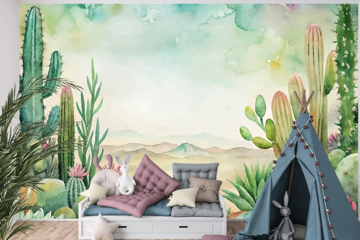 Etli Ve Kaktüs Suluboya Arka Plan Çocuk Odası Duvar Kağıdı
