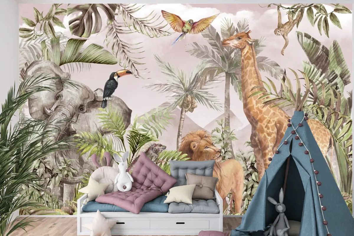 Suluboya Tropikal Orman Hayvanları Çocuk Odası Duvar Kağıdı Suluboya Tropikal Orman Hayvanları Çocuk Odası Duvar Kağıdı