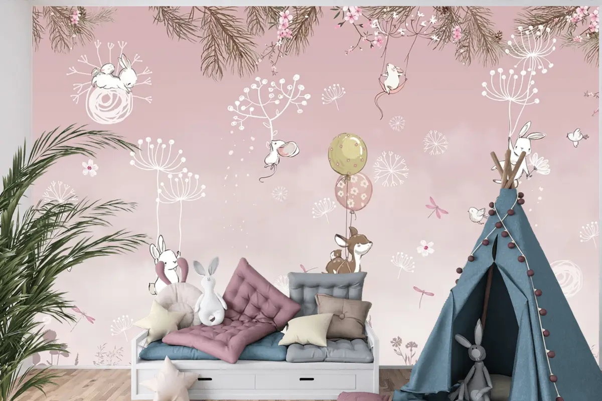 Tavşan Geyik Ayı Sevimli Hayvan Çocuk Odası Duvar Kağıdı