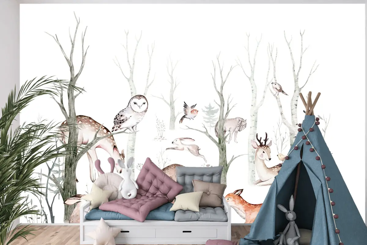 Tilki Geyik Ayı ve Orman Hayvanları Çocuk Odası Duvar Kağıdı