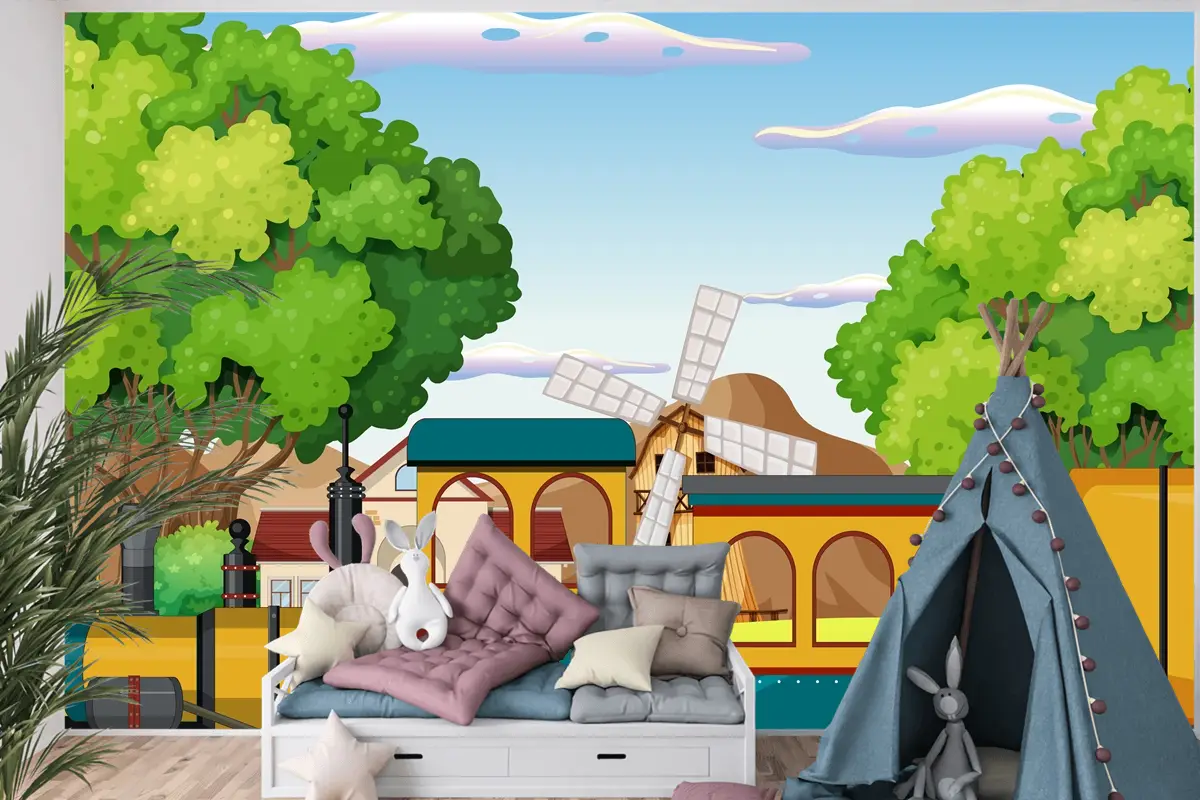 Doğal Sahneli Tren Çocuk Odası Duvar Kağıdı
