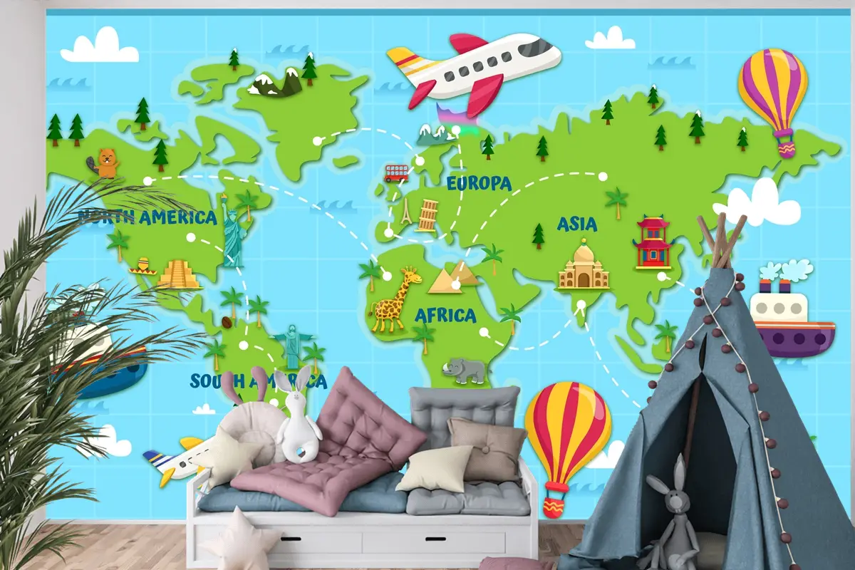 Dünyayı Seyahat Dünya Haritası Çocuk Odası Duvar Kağıdı 
