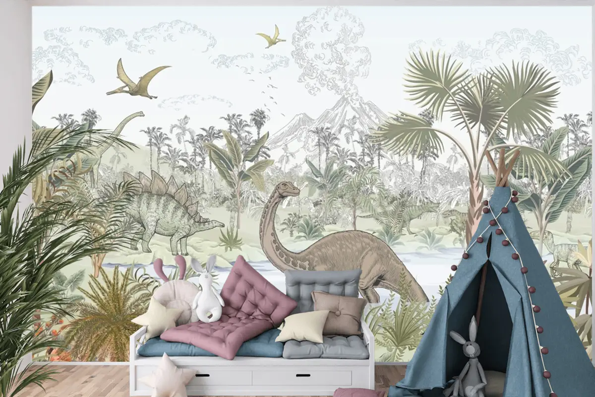 Tropikal Dinozor Çocuk Odası Duvar Kağıdı