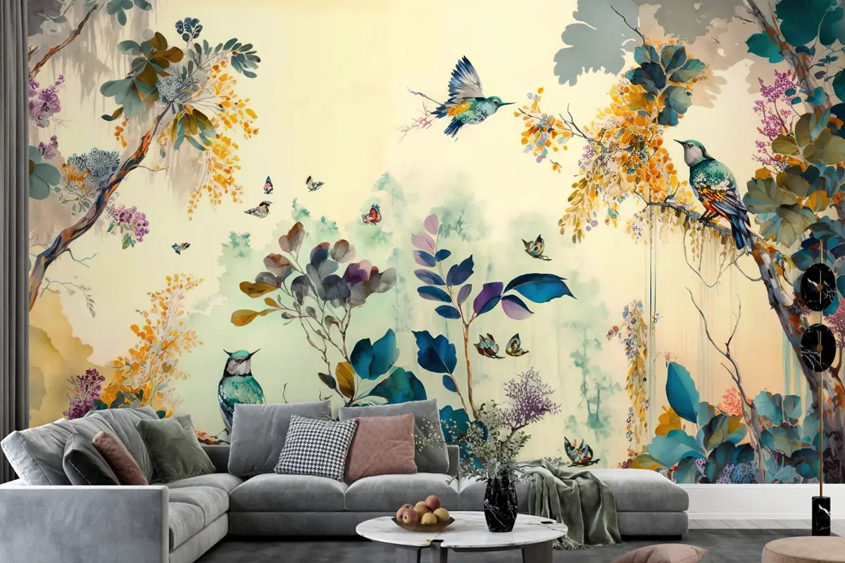 Tropikal Kuşlar Sarı Temalı Duvar Kağıdı