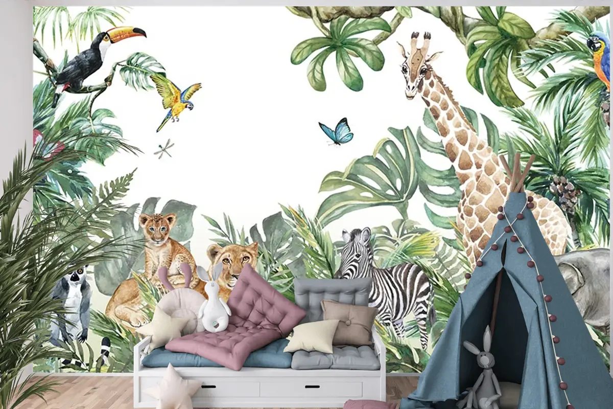 Tropikal Safari Hayvanlari Çocuk Odası Duvar Kağıdı