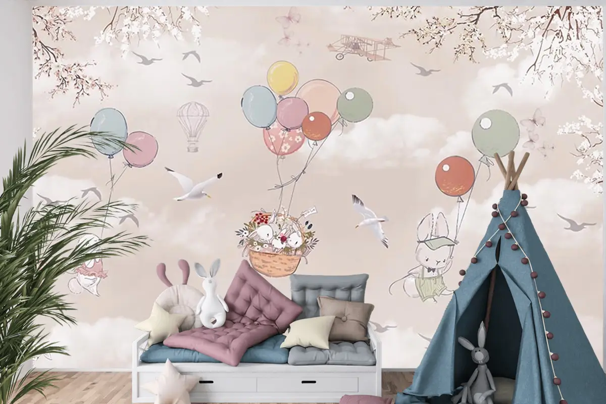 Uçan Balonlar Ve Sevimli Tavşanlar Çocuk Odası Duvar Kağıdı