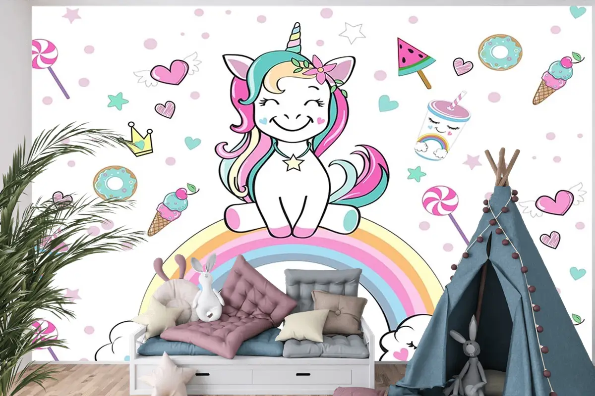 Unicorn Gökkuşağı Çocuk Odası Duvar Kağıdı