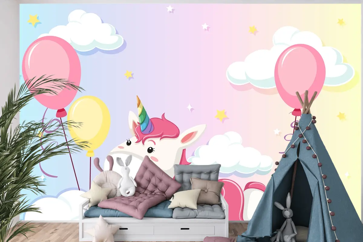 Tek Boynuzlu At Renkli Pastel Gökyüzü Arka Planında Bulutun Üzerinde Yatıyordu Çocuk Odası Duvar Kağıdı