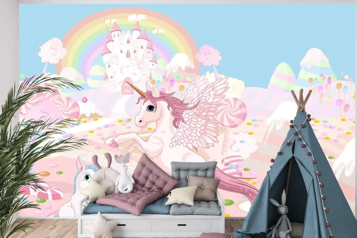 Unicorn Ve Gökkuşağı Duvar Sanatı Çocuk Odası Duvar Kağıdı