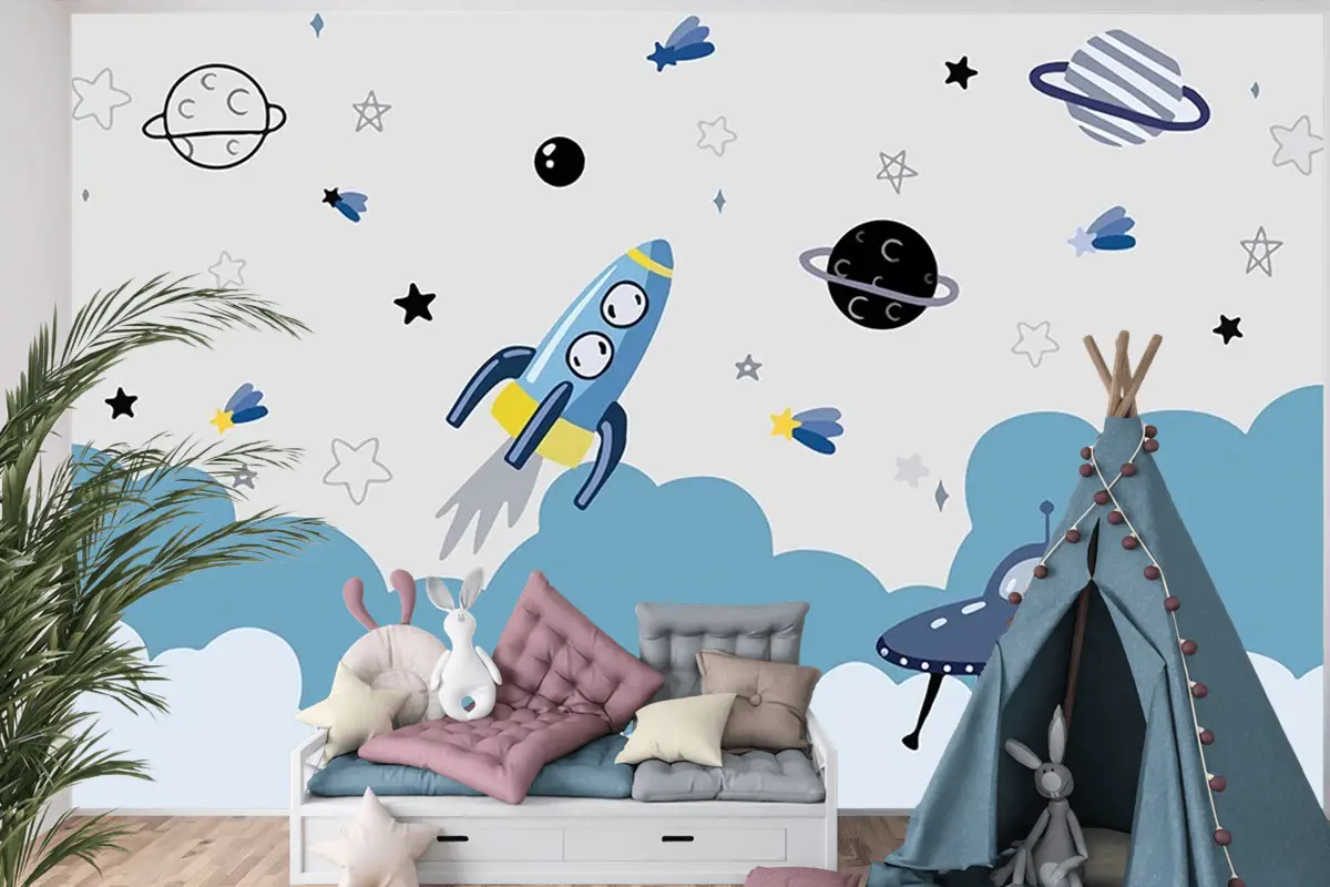 Uzay Temalı Çocuk Odası Duvar Kağıdı Astronot Çocuk Odası Duvar Kağıdı