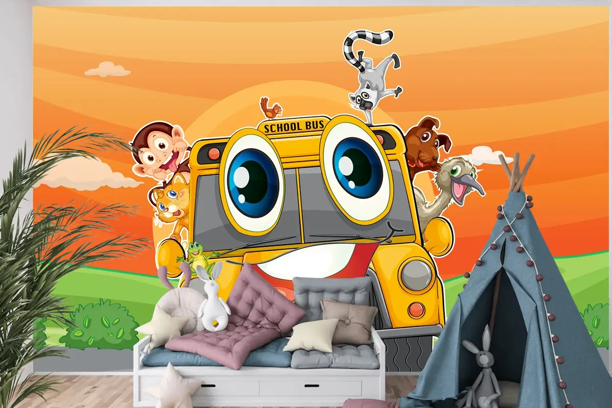 Okul Otobüsünde Çeşitli Hayvanlar Çocuk Odası Duvar Kağıdı