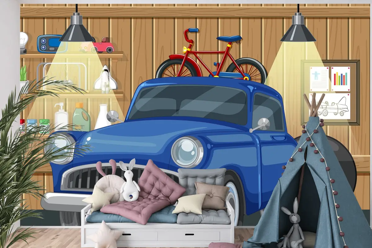 Ahşap Garajda Eski Model Araba Ve Bisiklet Çocuk Odası Duvar Kağıdı
