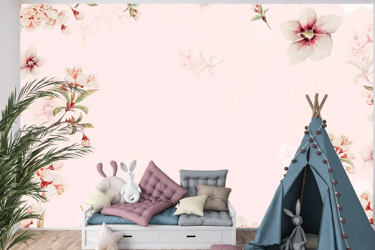 Vintage Japon Çiçek Arka Plan Şeftali Çiçekleri Çocuk Odası Duvar Kağıdı