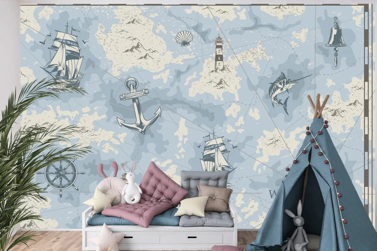 Vintage Denizcilik Eski Harita Çocuk Odası Duvar Kağıdı 