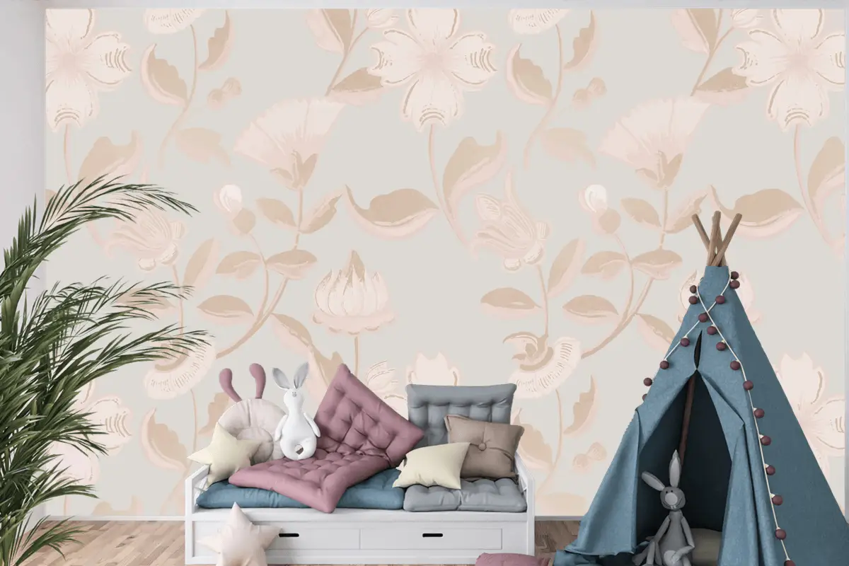Vintage Nötr Çiçek Desenli Çocuk Odası Duvar Kağıdı 