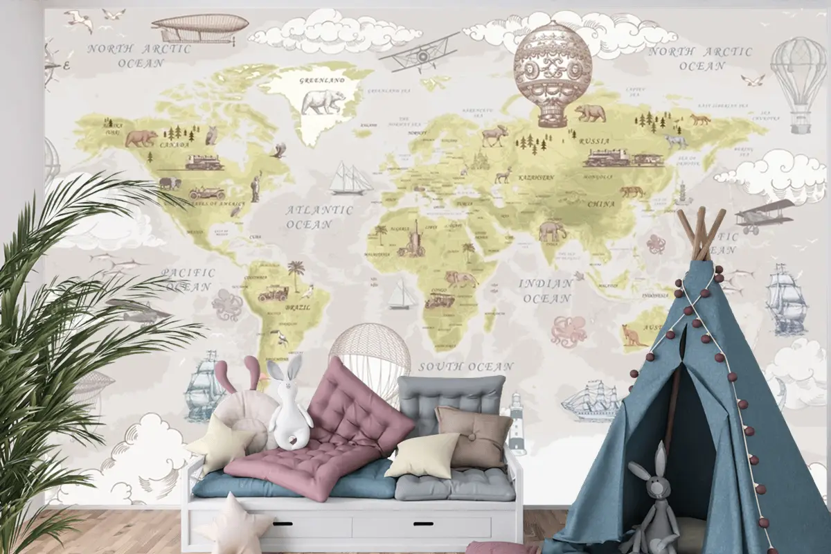 Vintage Sıcak Hava Balonları Ve Uçaklar Çocuk Odası Duvar Kağıdı