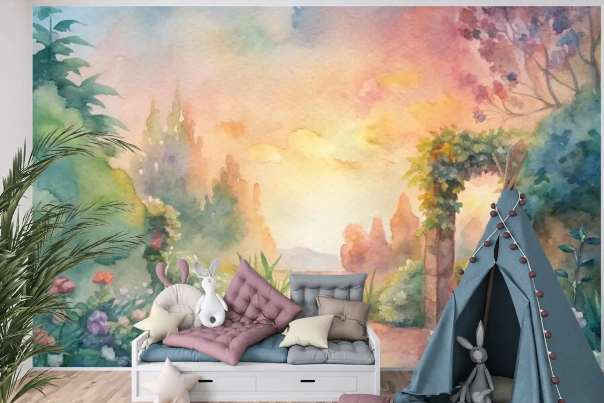Çiçek Bahçesi Çocuk Odası Duvar Kağıdı  İçeren Suluboya Arka Plan