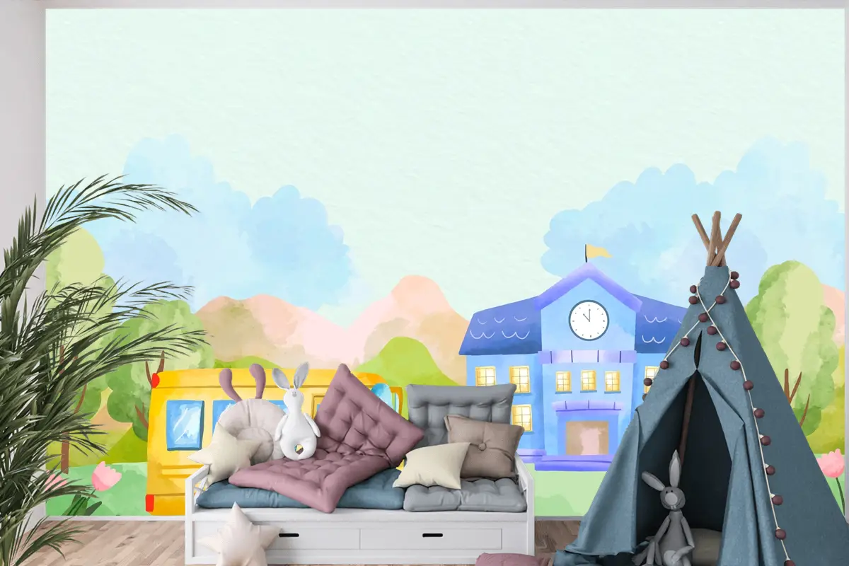 Okula Dönüş Sezonu Boys Çocuk Odası Duvar Kağıdı  Için Suluboya Arka Plan