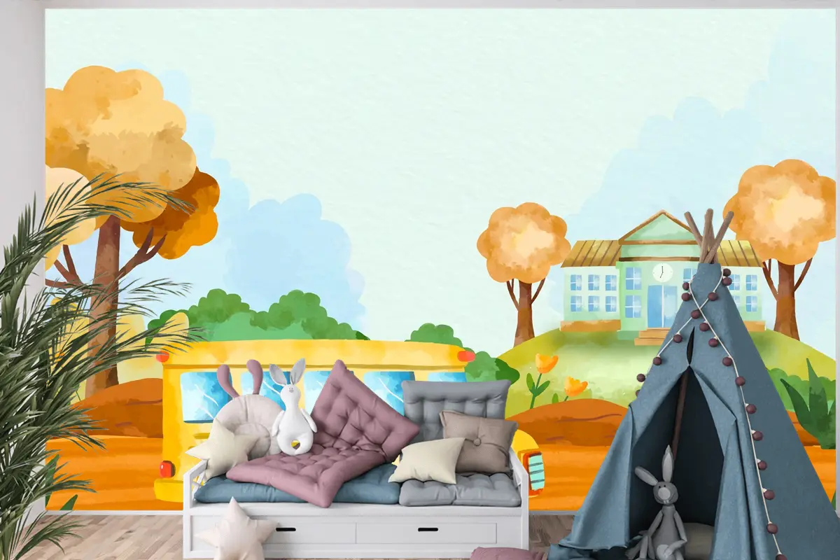 Okula Dönüş Sezonu Çocuk Odası Duvar Kağıdı  Için Suluboya Arka Plan